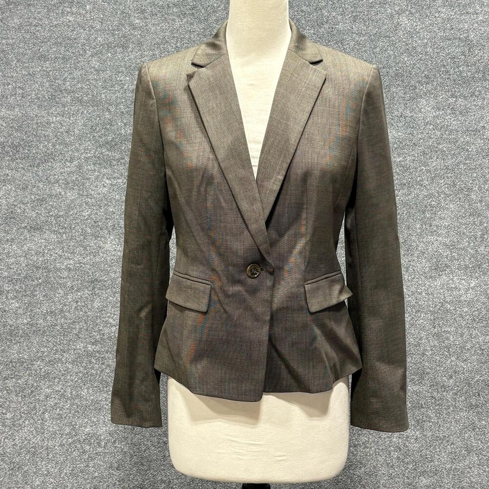 Ann Taylor Blazer Womens 6 Brown Check Wool Blend One Button Jacket Workwear